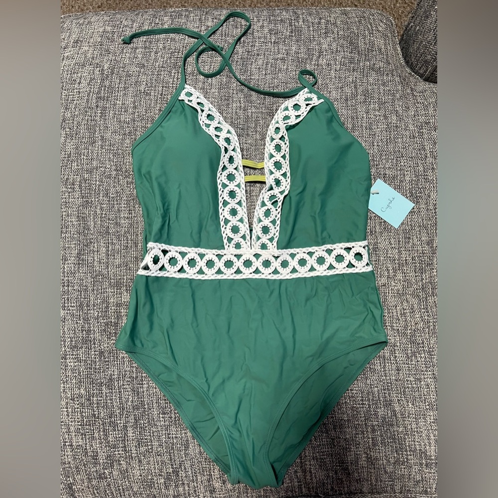 Cupshe Green One Piece with White Crochet Detail